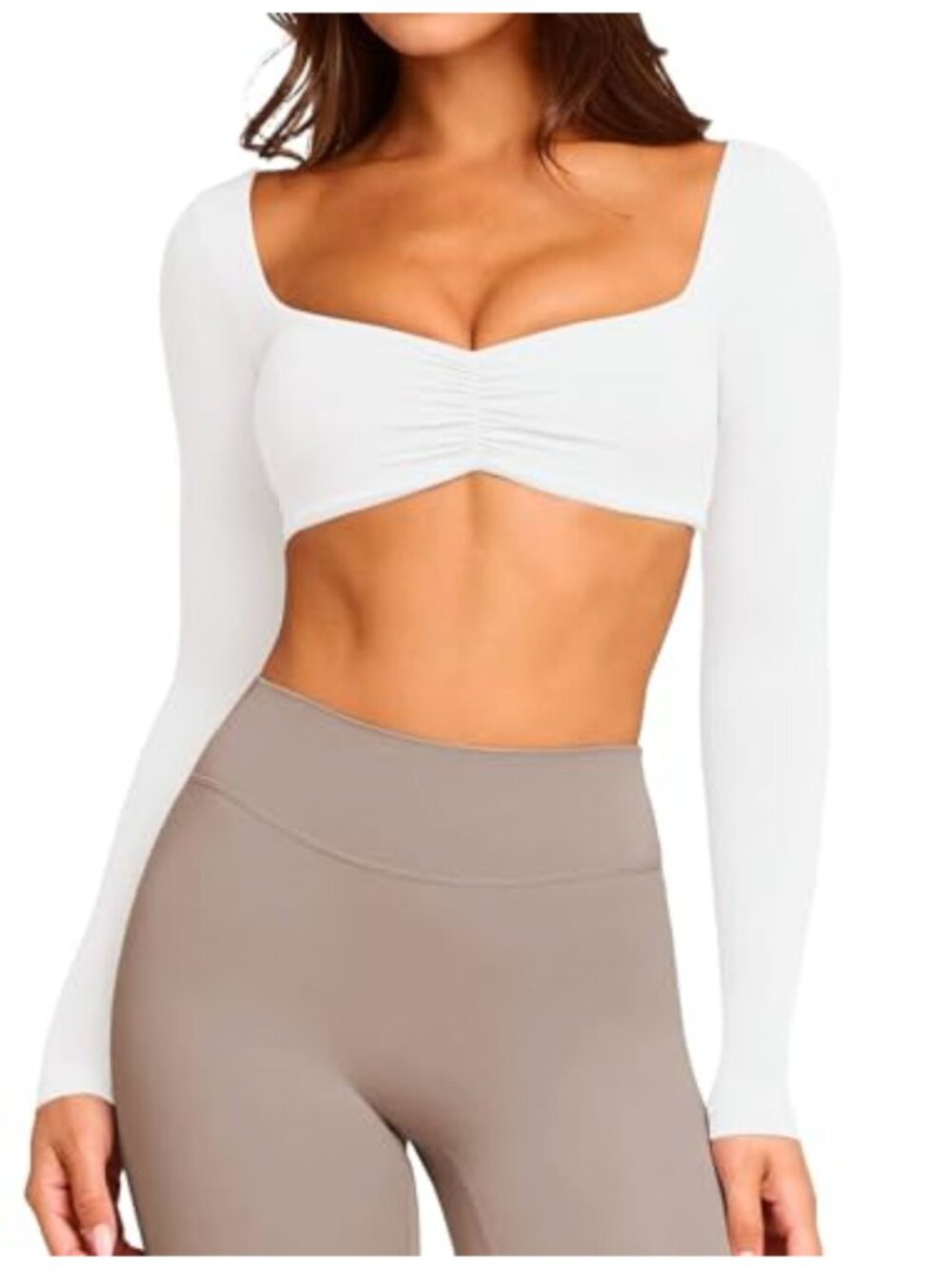 Women Square Neck Cropped Long Sleeve Workout Top with Built in Bra